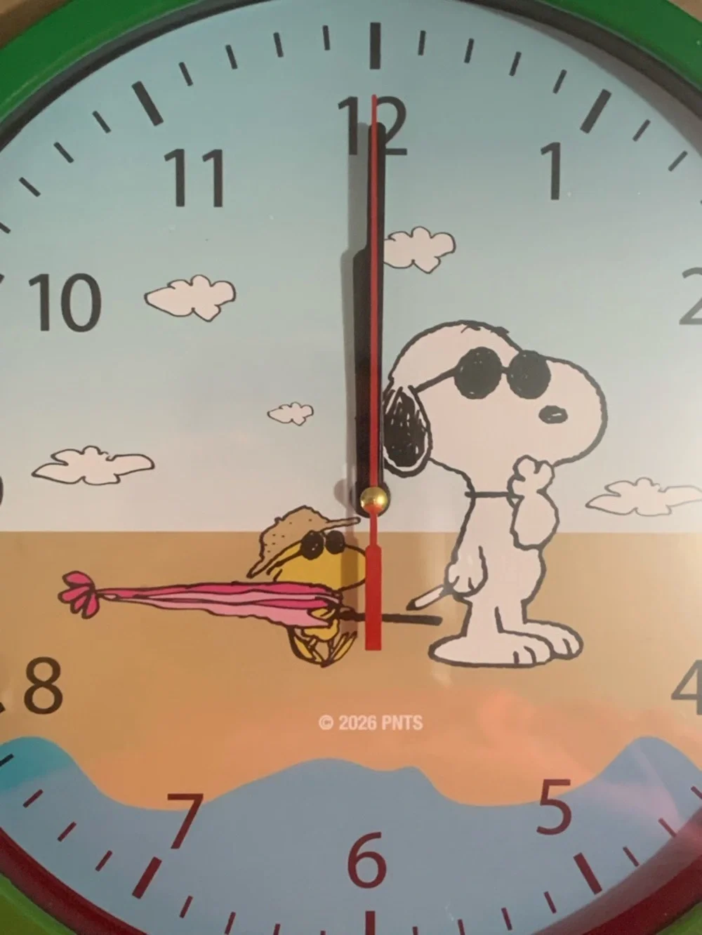 Snoopy & Woodstock at the Beach Wall Clock - Green Frame